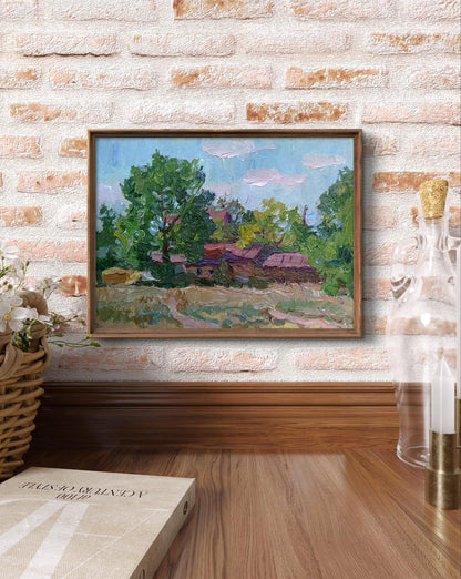Oil painting Rural life by Yury Konovalov in rustic wooden frame