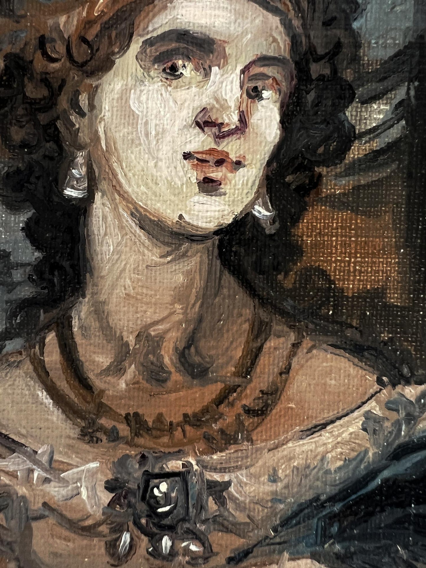 Oil painting portrait of noble woman with dark curly hair and ornate black gem necklace by Alexander Litvinov