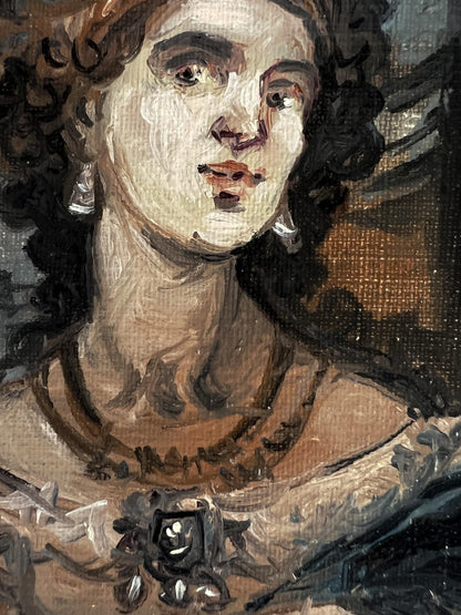 Oil painting portrait of noble woman with dark curly hair and ornate black gem necklace by Alexander Litvinov