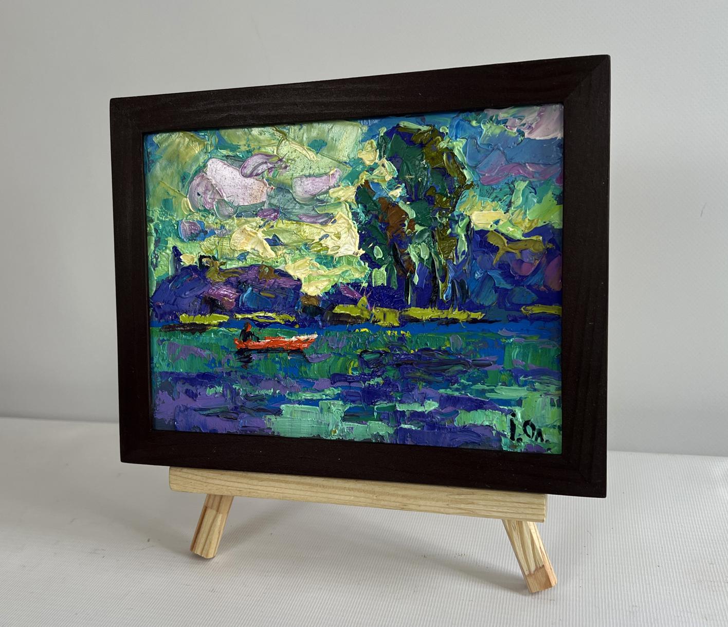 Oil painting River and yellow sunset by Oleksiy Ivanyuk in wooden frame