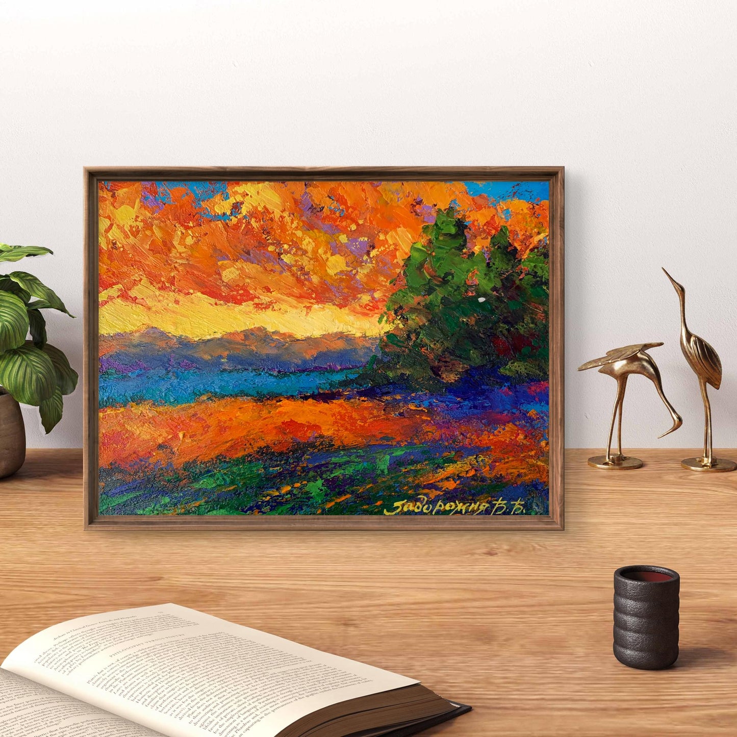 Oil painting Windy evening by V. Zadorozhnya in rustic frame