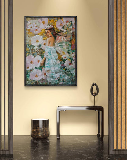 Abstract oil painting of woman in floral gown amid spring flowers by Anatoly Tarabanov