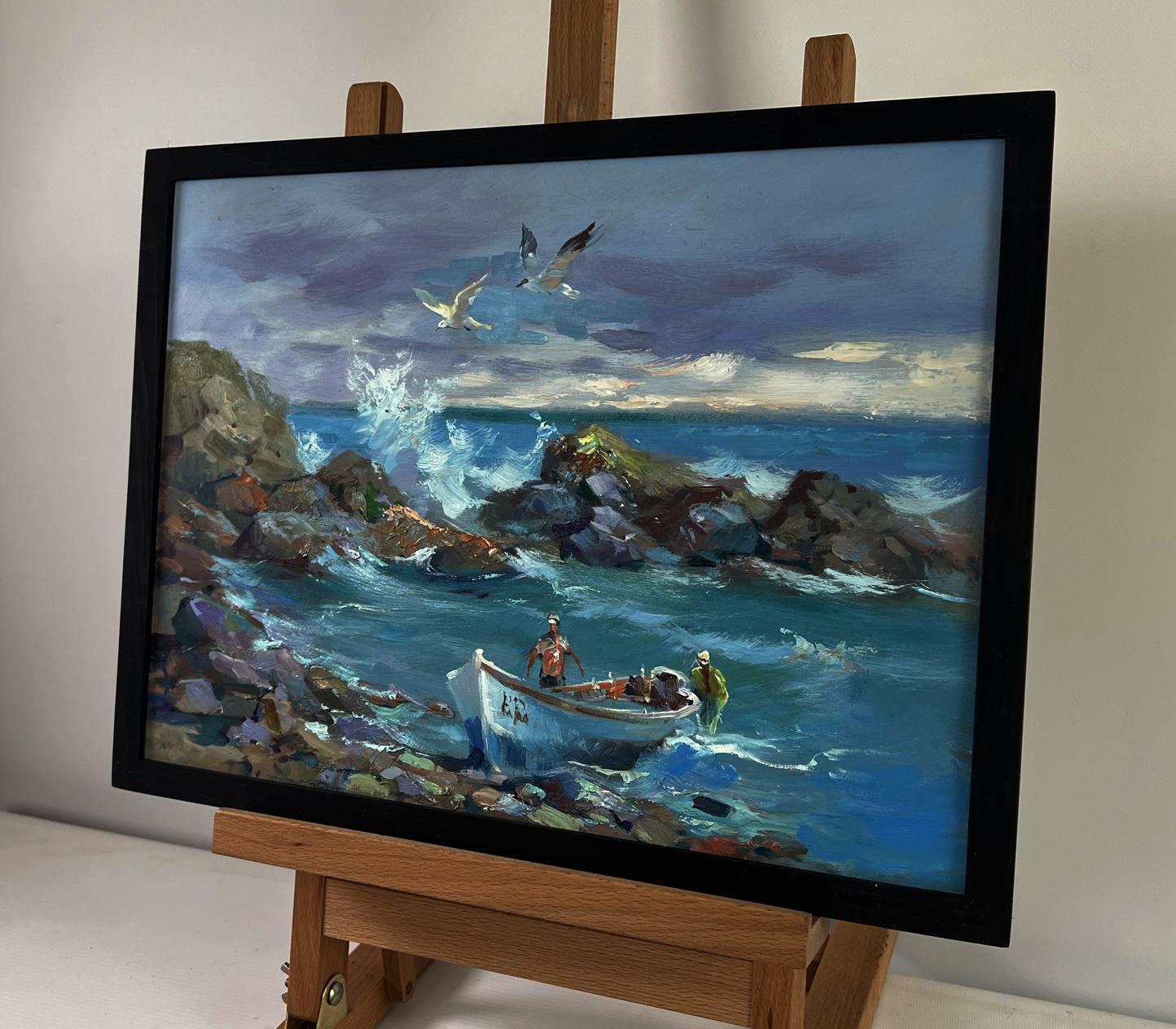Oil painting by Yuriy Suprunchuk: seagulls soaring over crashing coastal waves