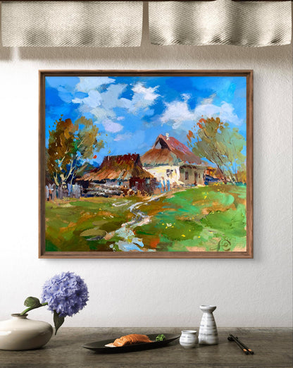 Framed impressionist oil painting of village tranquility by Yuriy Suprunchuk