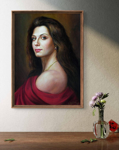 Oil painting Silk fire Valeriy Bulat of woman with dark hair and red drapery