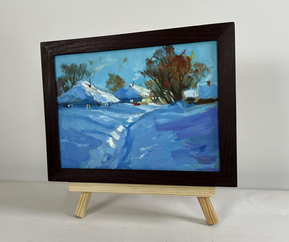 Oil painting Path through the snow by Yuriy Suprunchuk in dark wood frame