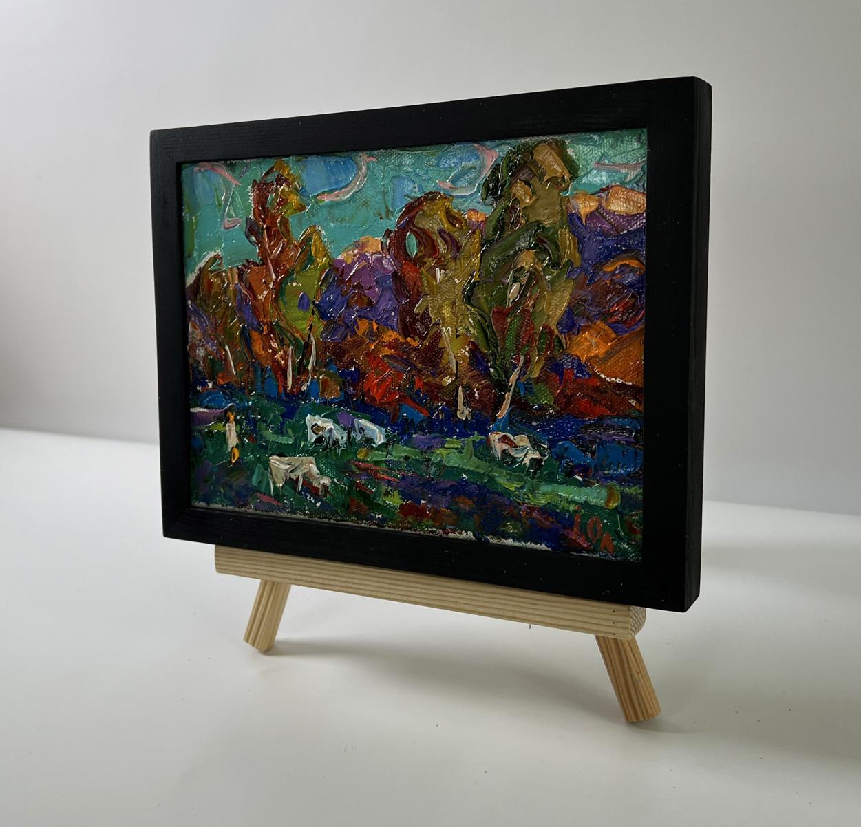 Oil painting Evening forest by Oleksiy Ivanyuk with cows in frame