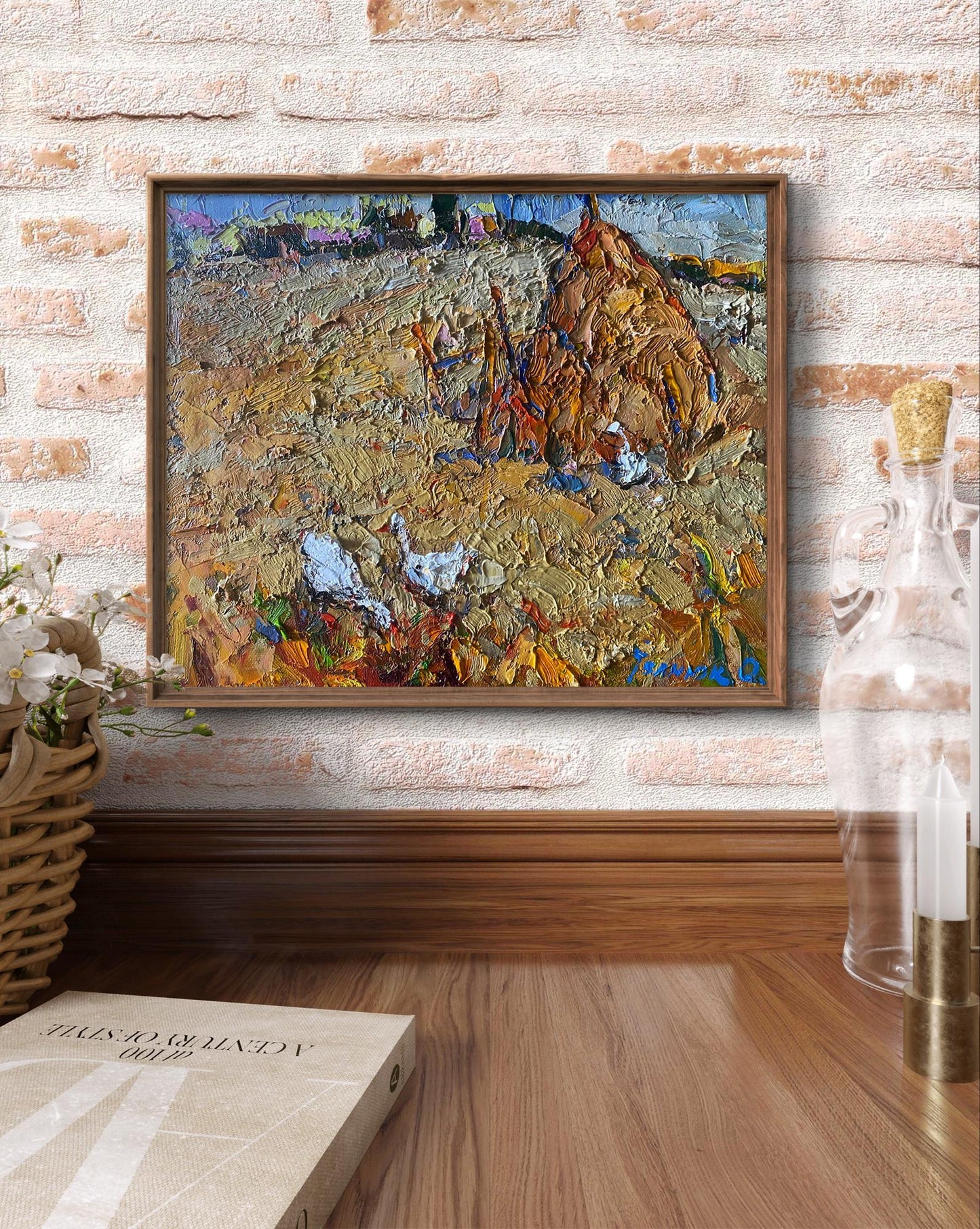 Oil painting Geese in the fields by Oksana Ivanyuk in wooden frame