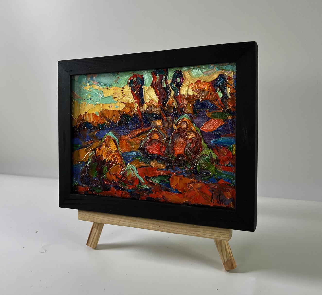 Oil painting Evening of orange rays by Oksana Ivanyuk in black frame