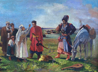 Traditional oil painting of sending off to war, people in historical attire outdoors