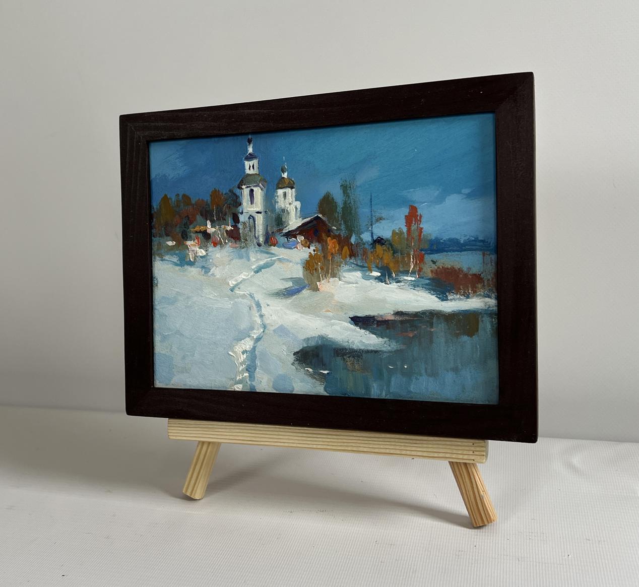 Framed oil painting The first snow fell by Yuriy Suprunchuk with snowy church spires