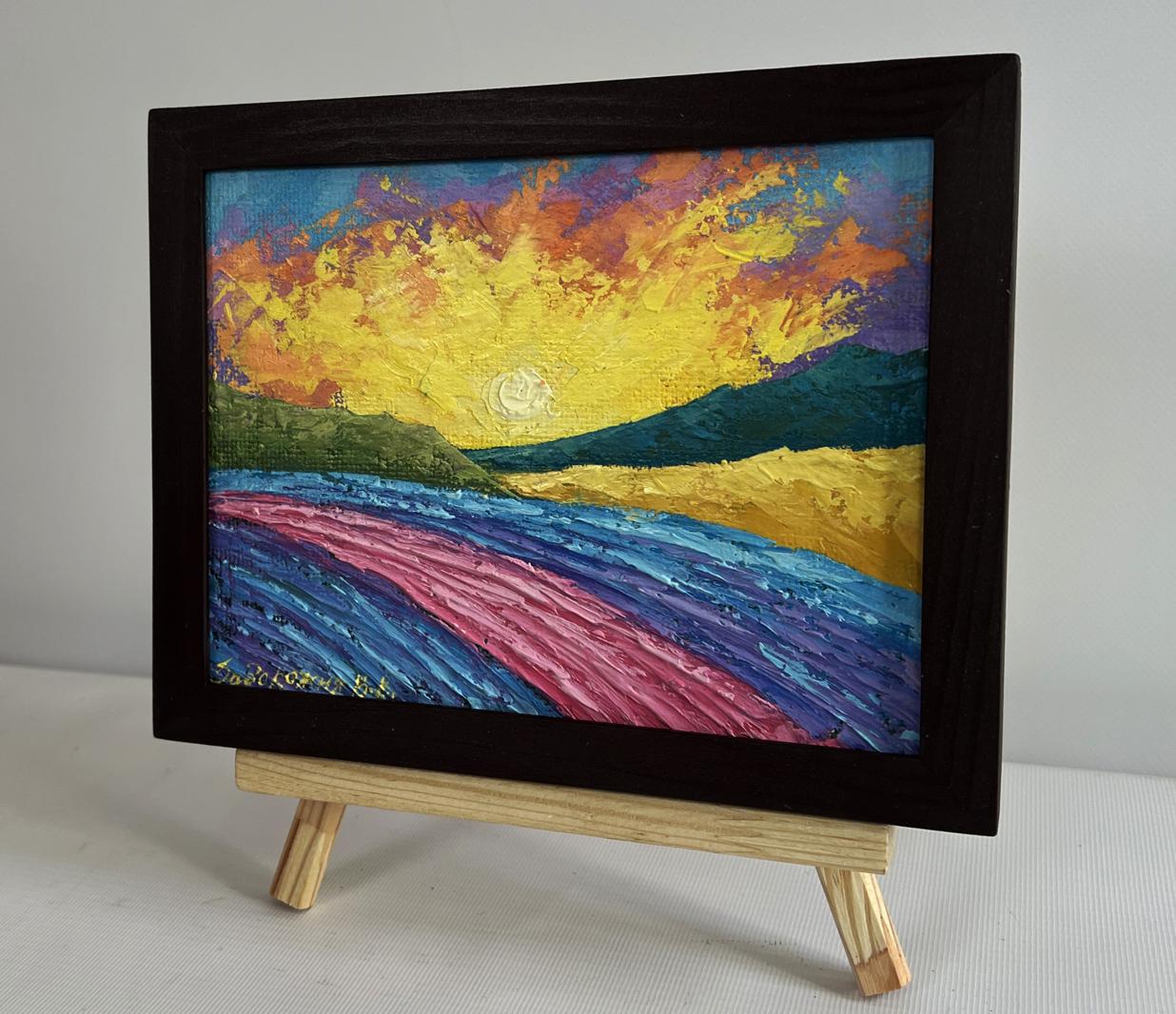 Oil painting Yellow lights of sunset V. Zadorozhnya in black frame
