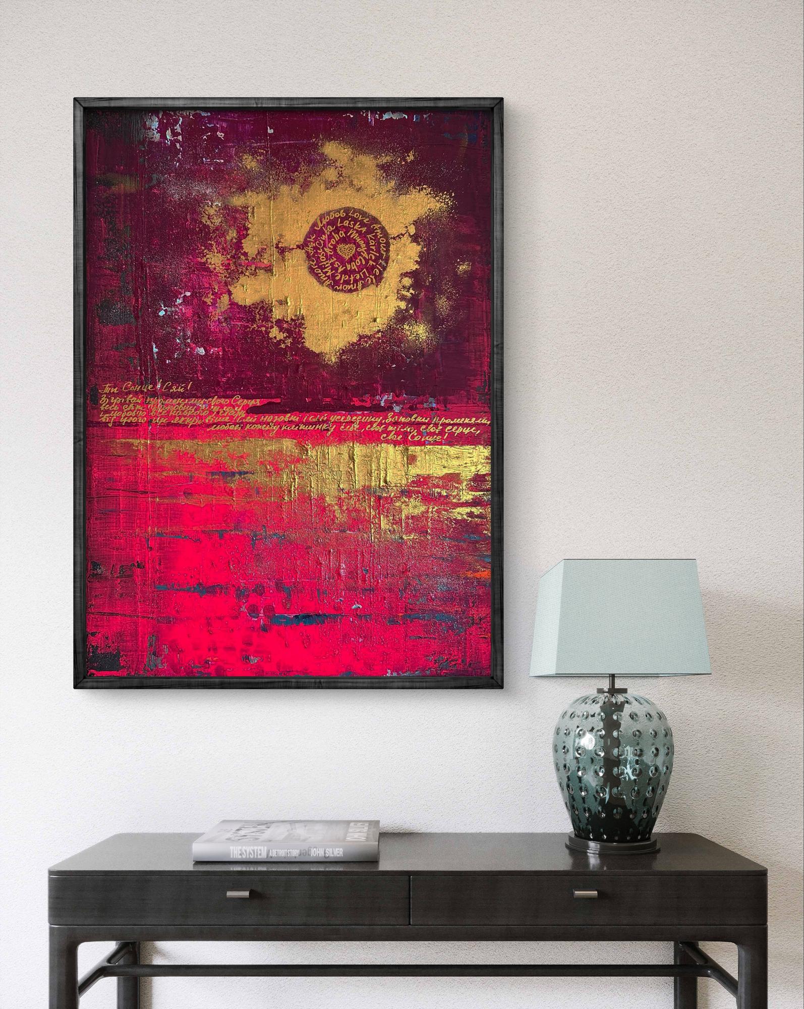 Bold abstract acrylic painting You shine like the sun by Olga Melezhik in red gold hues