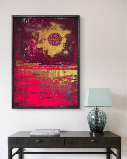 Bold abstract acrylic painting You shine like the sun by Olga Melezhik in red gold hues
