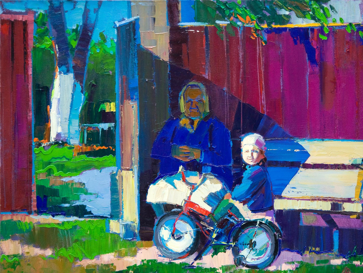 Oil painting Visiting the village by Natalia Korf-Ivaniuk: elderly woman, child, colorful bicycle