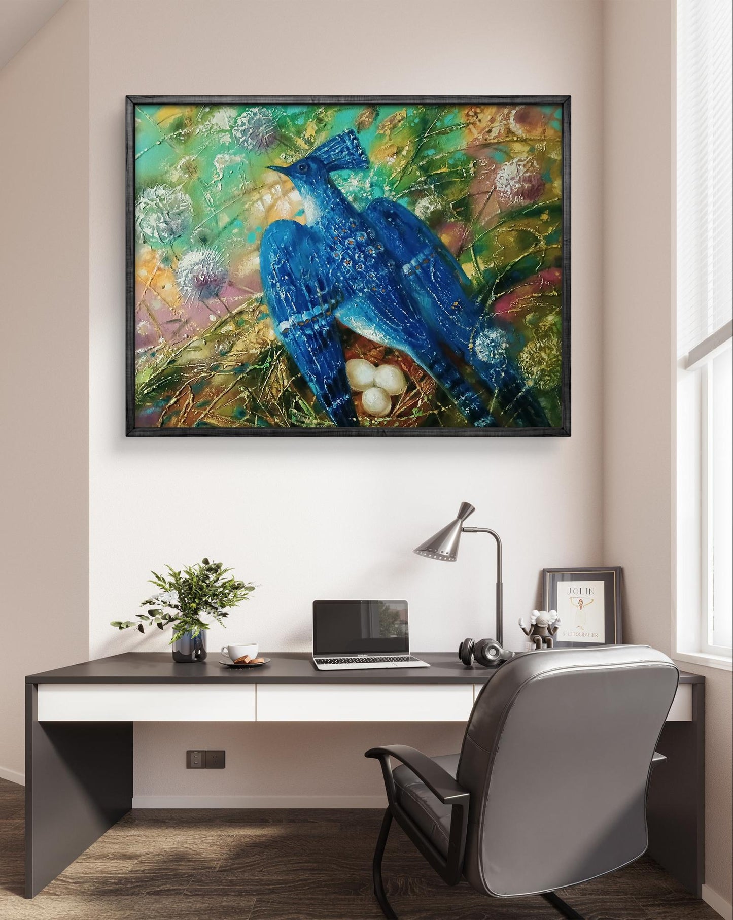 Abstract oil painting Blue Bird by Anatoly Tarabanov, vibrant blue bird with intricate patterns on floral background