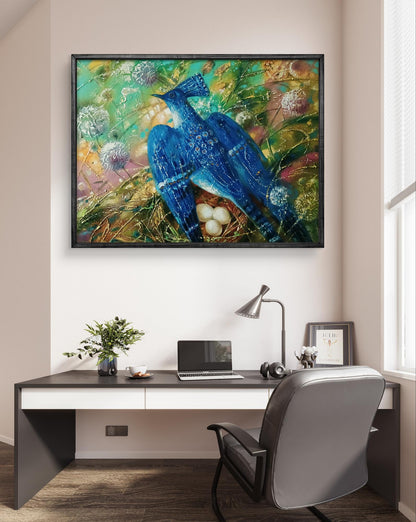 Abstract oil painting Blue Bird by Anatoly Tarabanov, vibrant blue bird with intricate patterns on floral background