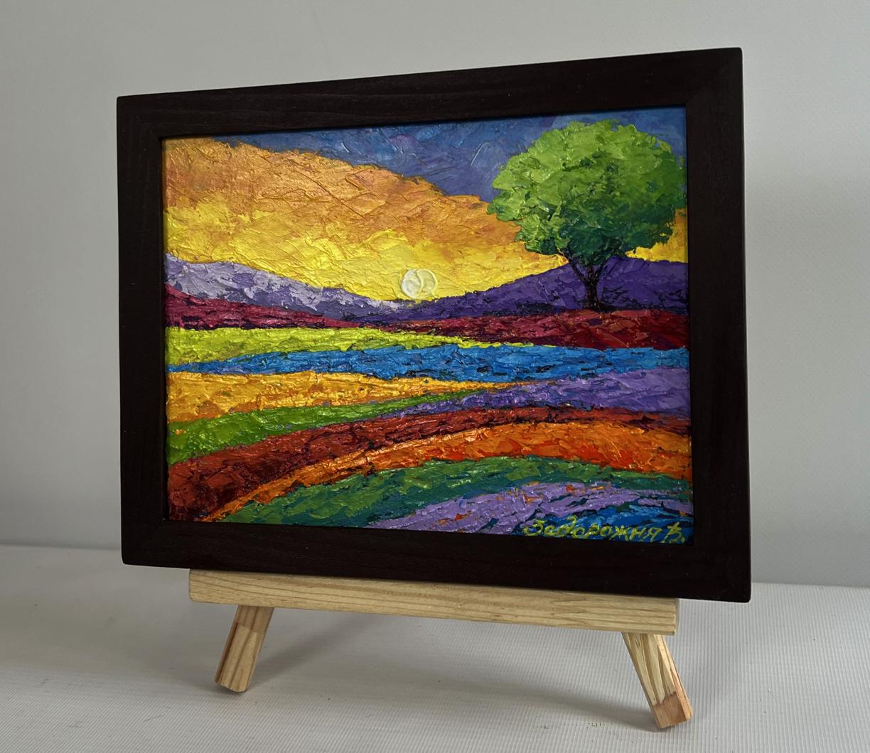 Oil painting of yellow sunset over flower field by V. Zadorozhnya