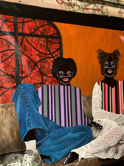 Vibrant acrylic painting Lazy Afternoon by Akintomide Akinshola, two figures on couch