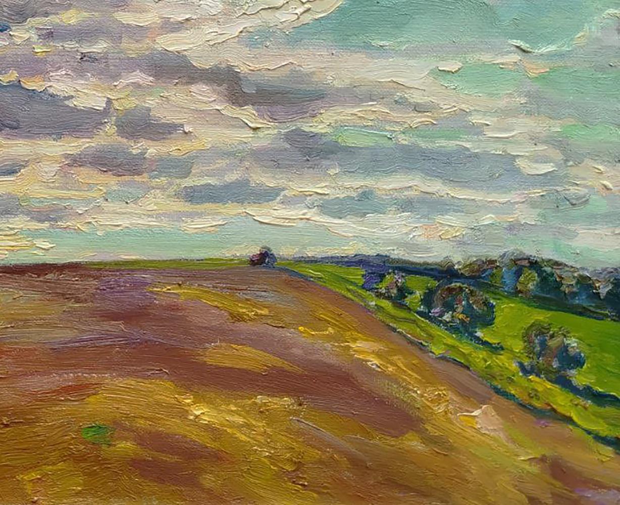 Oil painting On a July day by Leonid Pavlenko: vibrant countryside landscape