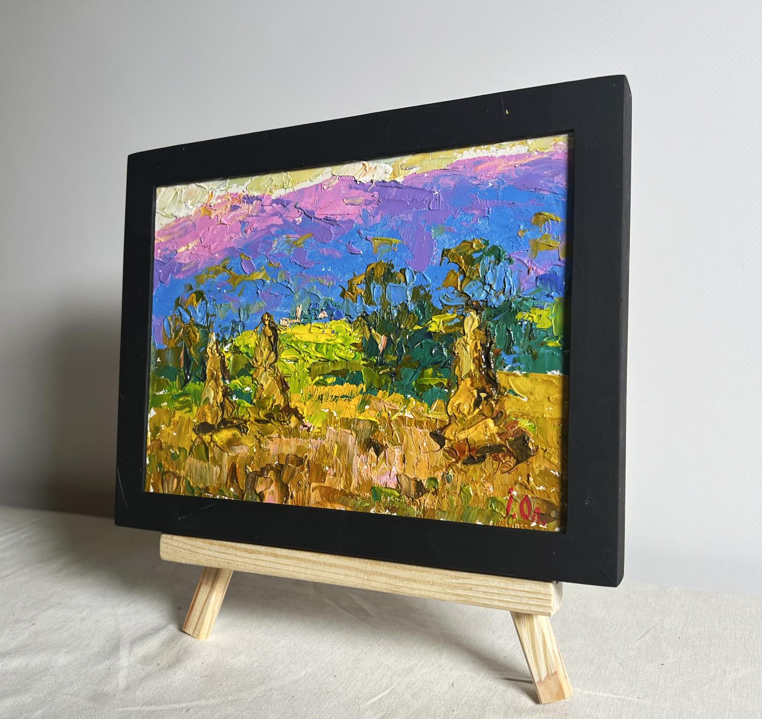 Oil painting Haystack and Mountains by Oleksiy Ivanyuk in black frame