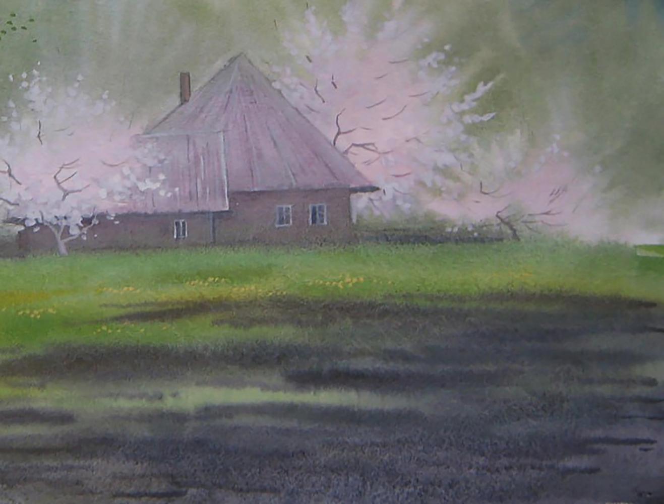 Watercolor painting of rustic brown thatched house in spring village by Valery Savenets