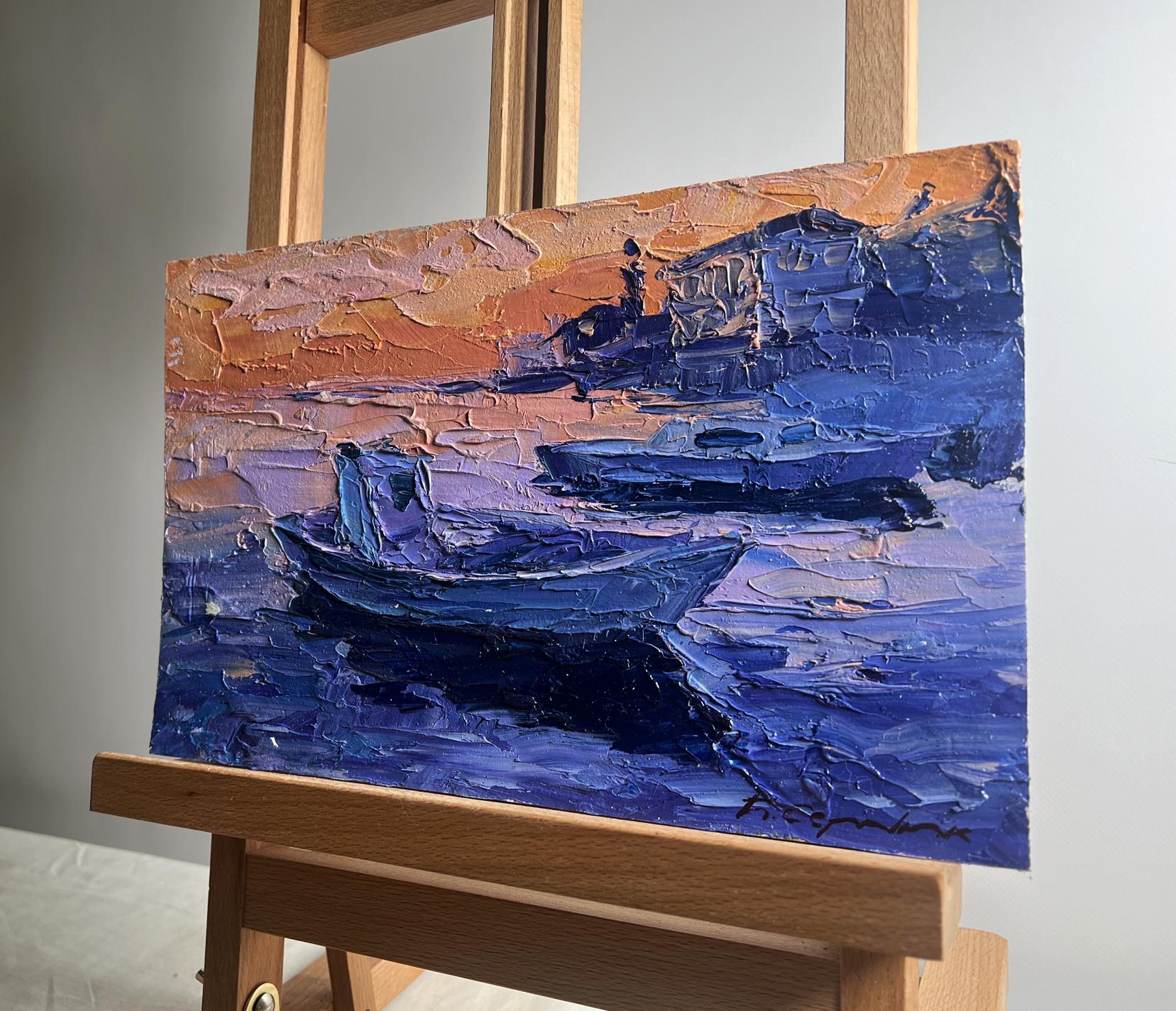 Oil painting Romantic evening by the river by Boris Serdyuk, boats at dusk