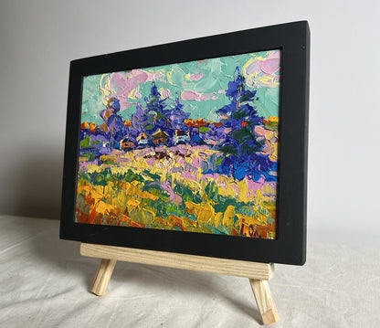 Oil painting Village in the shade of trees by Oleksiy Ivanyuk in black frame
