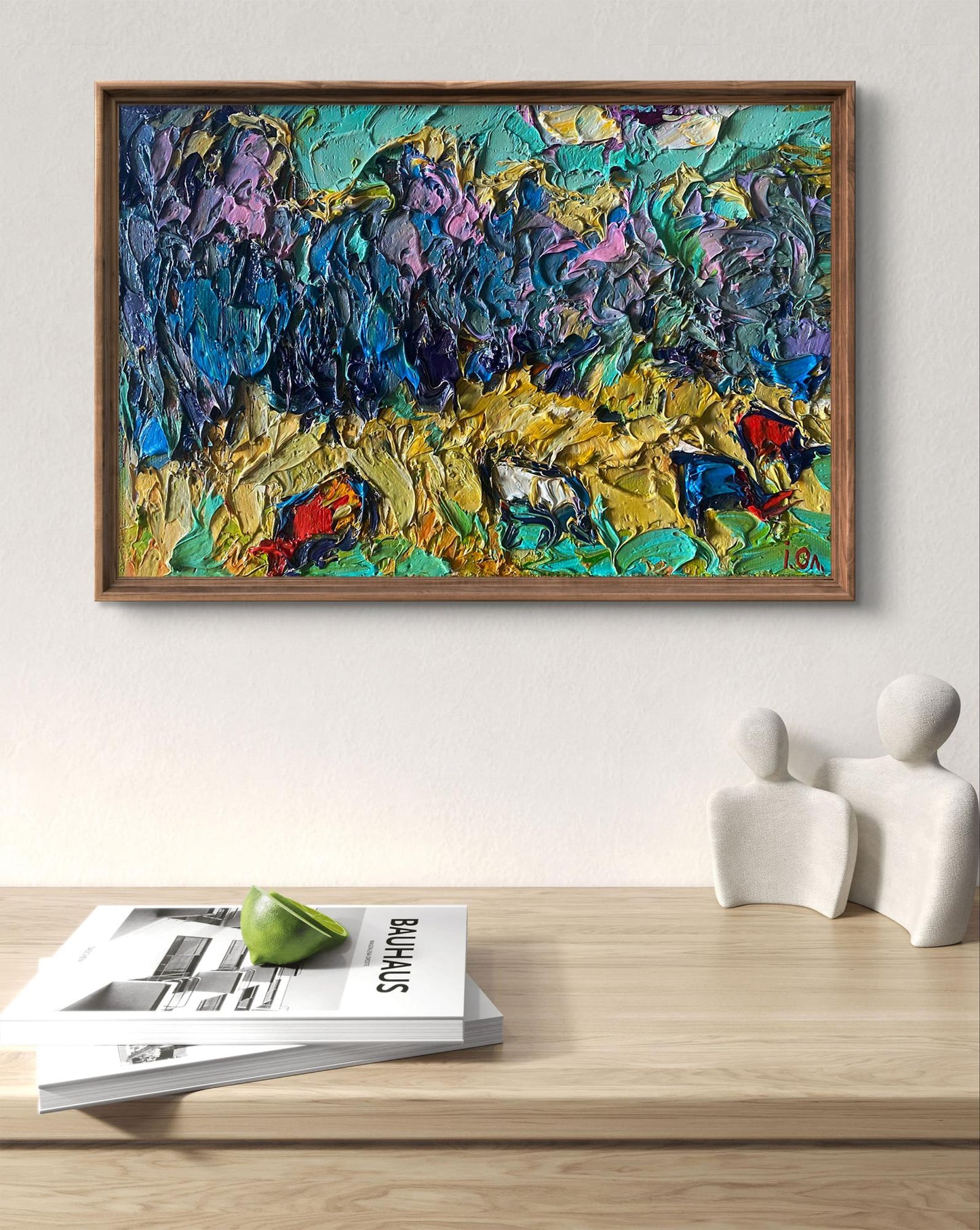 Oil painting In the autumn field by Oleksiy Ivanyuk, vibrant teal abstract on canvas