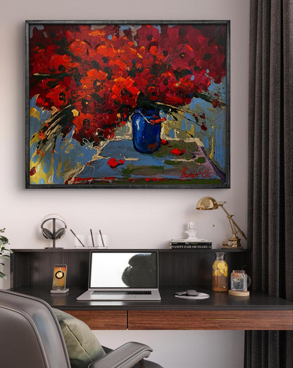 Vibrant red poppy bouquet in glossy blue vase by Oksana Ivanyuk oil painting