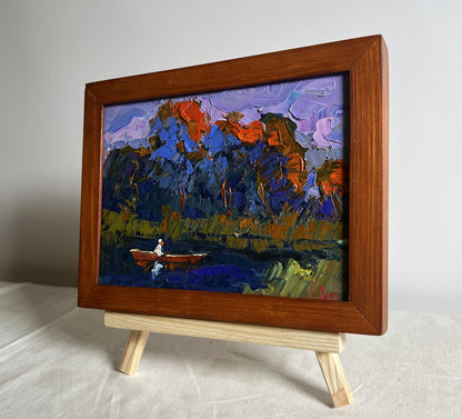 Impressionist oil painting Its cool by the river in the evening by Oksana Ivanyuk in wooden frame