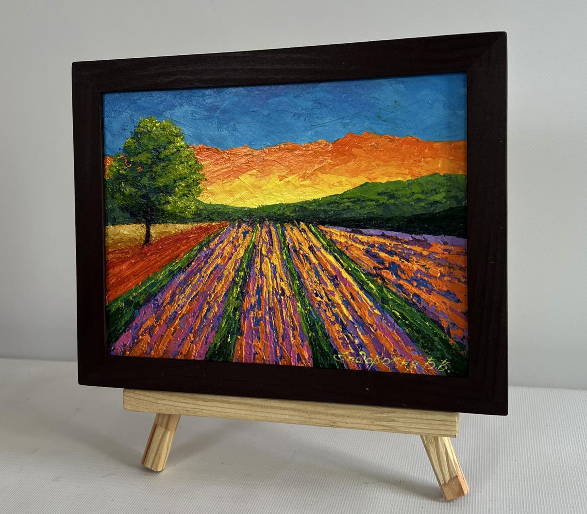 Vibrant oil painting of plowed fields, lavender, and sunset by V. Zadorozhnya
