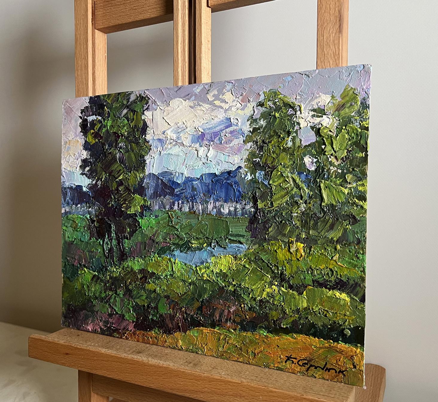 Oil painting Its getting dark by Boris Serdyuk: lush green trees, hills, soft sky
