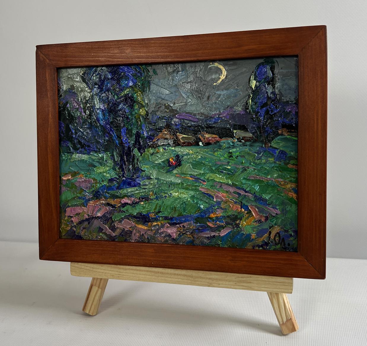 Moonlit landscape oil painting by Oleksiy Ivanyuk in wooden frame