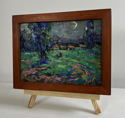 Moonlit landscape oil painting by Oleksiy Ivanyuk in wooden frame