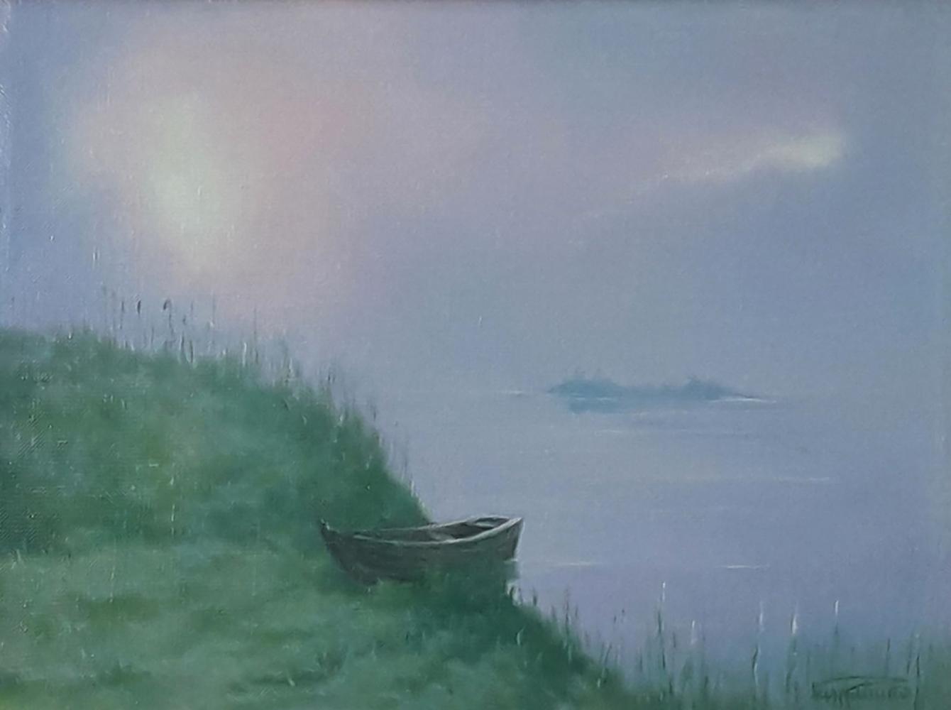 Oil painting Fishermans morning by the river Vasily Korkishko rowboat on shore