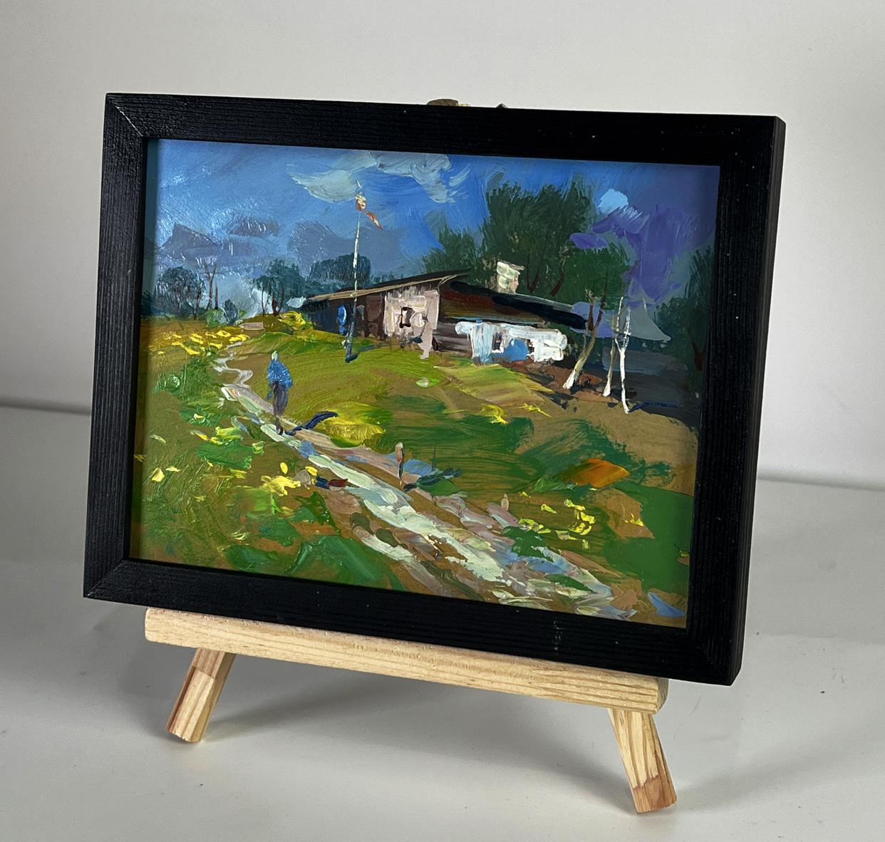 Oil painting The way home by Yuriy Suprunchuk: rustic green fields and house