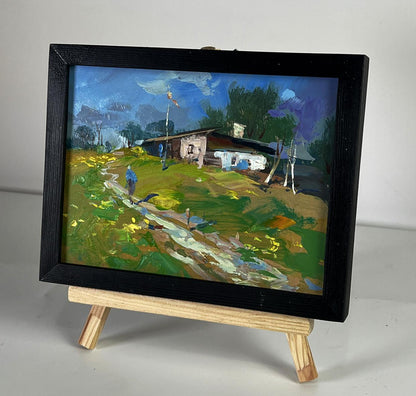 Oil painting The way home by Yuriy Suprunchuk: rustic green fields and house