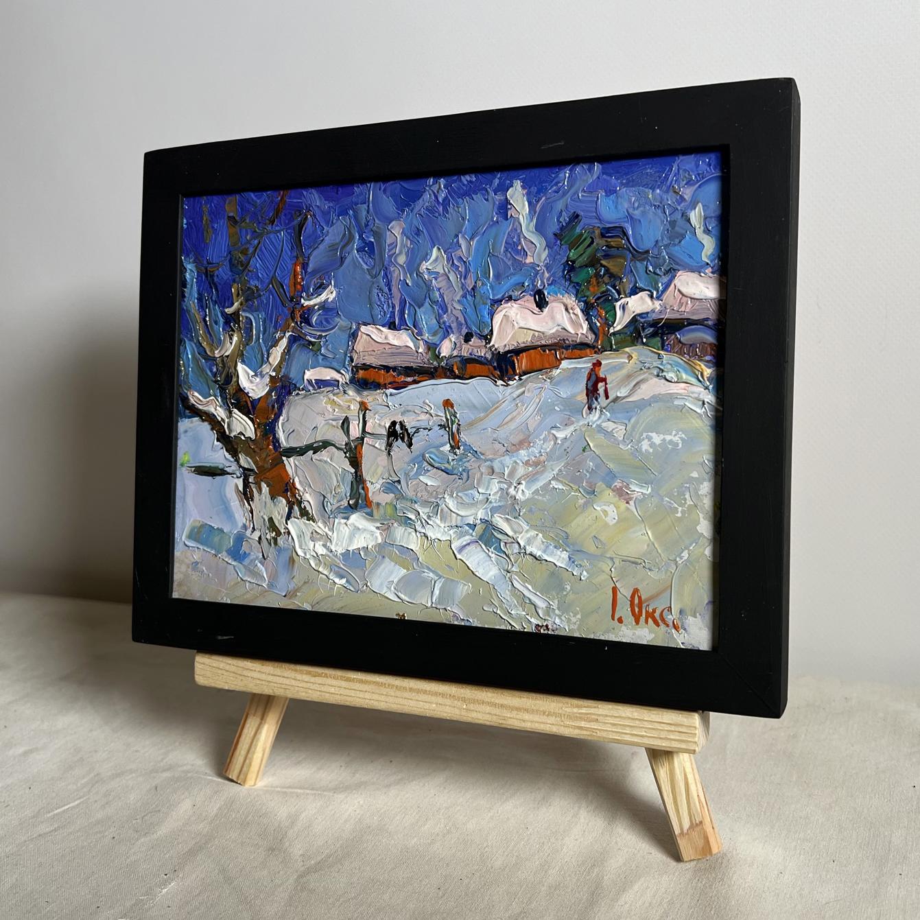 Oil painting Snowy streets of the village by Oksana Ivanyuk in black frame