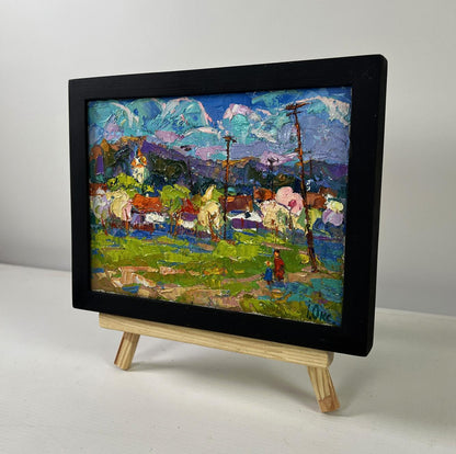 Oil painting Quiet fields under the open sky by Oksana Ivanyuk in black frame