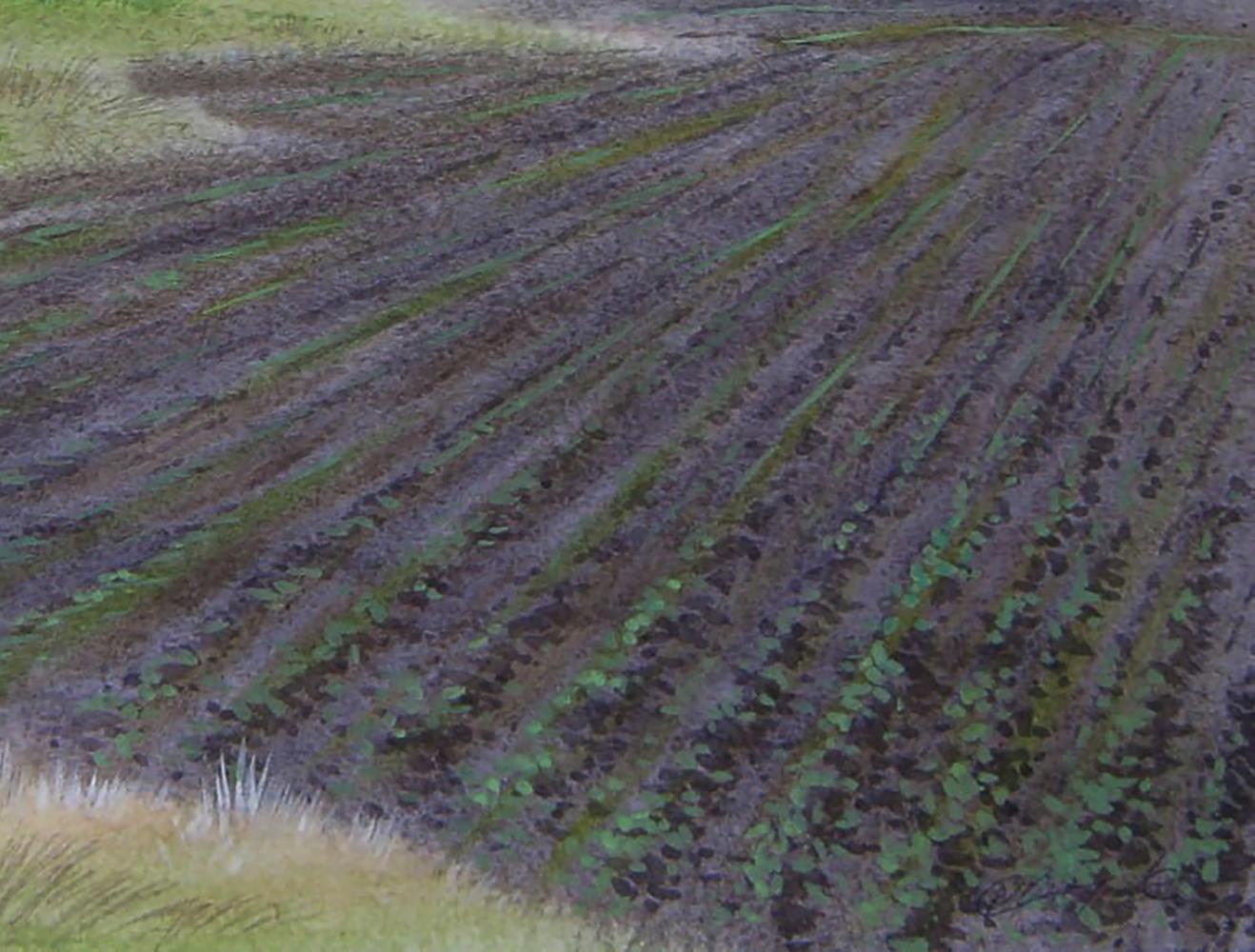 Watercolor painting of spring field with young green plants in dark soil rows by Valery Savenets