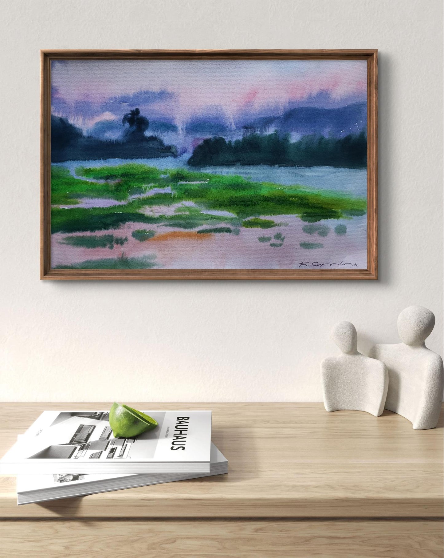 Watercolor painting Morning Fog by Boris Serdyuk in wooden frame