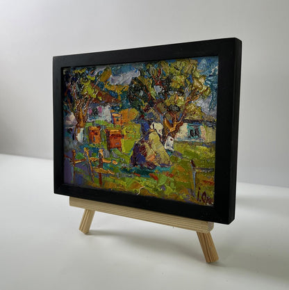 Oil painting Summer day in the village by Oksana Ivanyuk in black frame