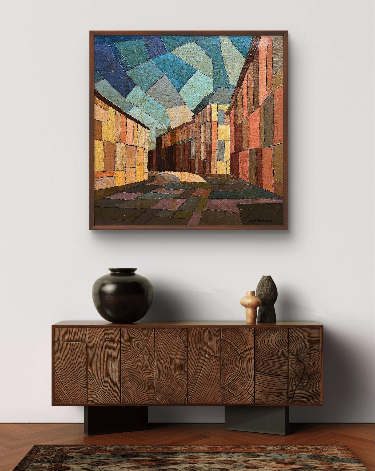Oil painting City Square by Serhiy Kovalev, abstract geometric blues oranges earth tones