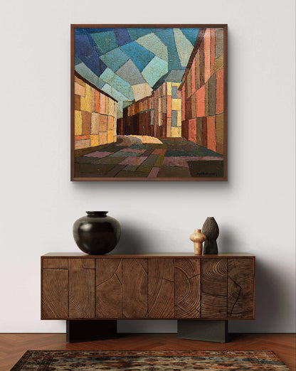 Oil painting City Square by Serhiy Kovalev, abstract geometric blues oranges earth tones