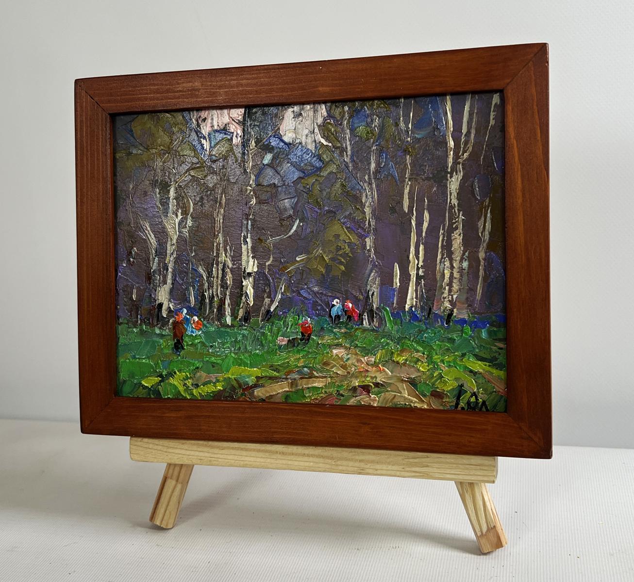 Oil painting Blooming spring by Oleksiy Ivanyuk: birch forest with red figures