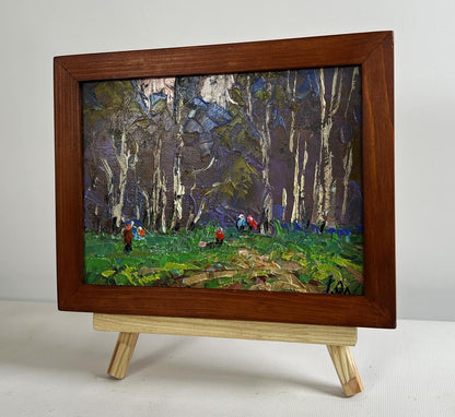Oil painting Blooming spring by Oleksiy Ivanyuk: birch forest with red figures