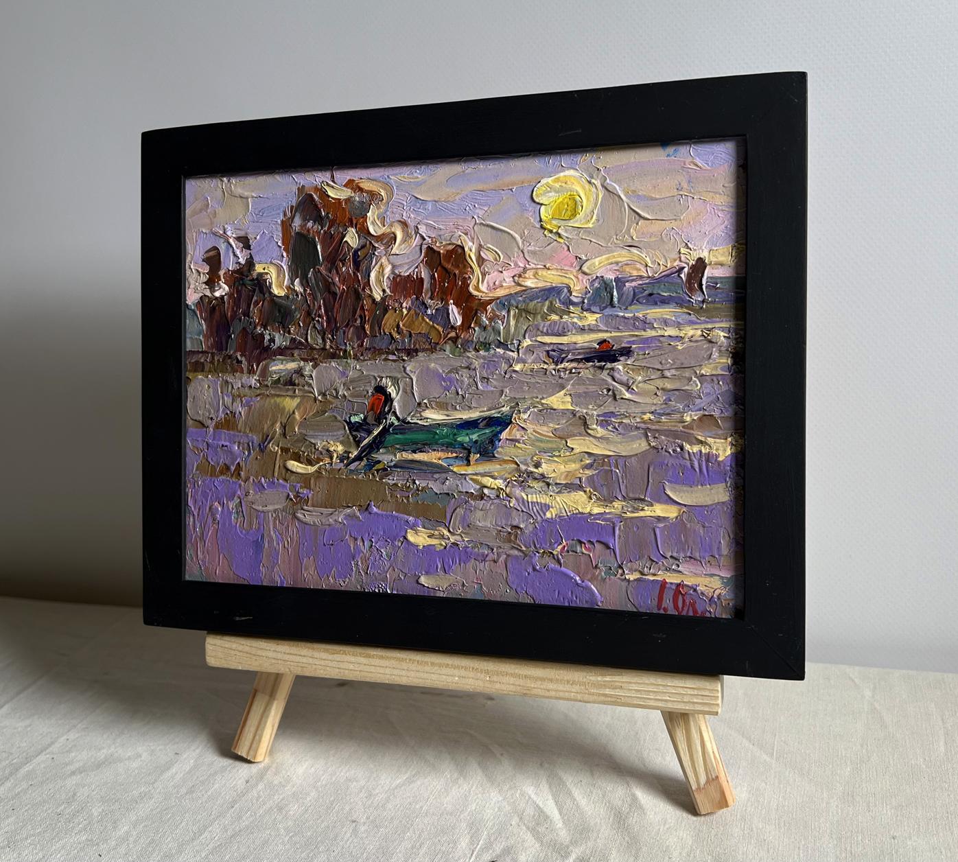 Oil painting The river rose in the village by Oleksiy Ivanyuk, serene lakeside scene