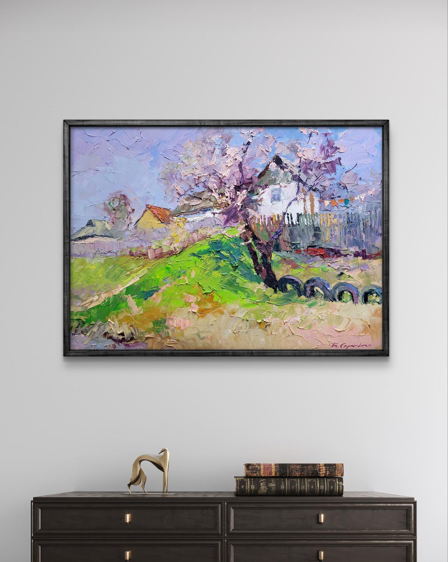 Oil painting The Magic of Spring by Boris Serdyuk: vibrant green hillside