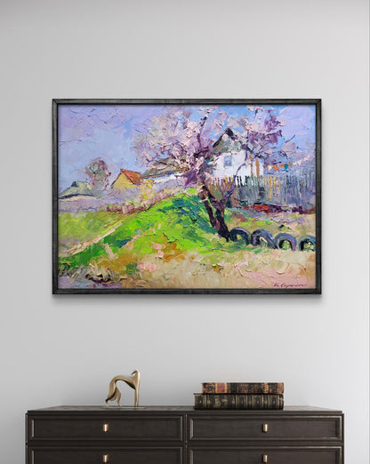 Oil painting The Magic of Spring by Boris Serdyuk: vibrant green hillside